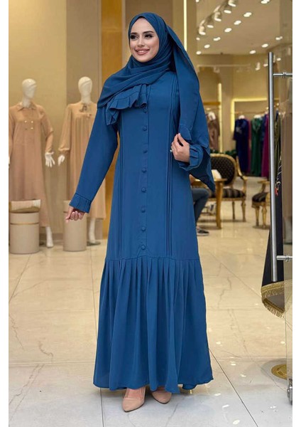 Pilise Detay Elbise Şal Ikili Takım 6039 Indigo