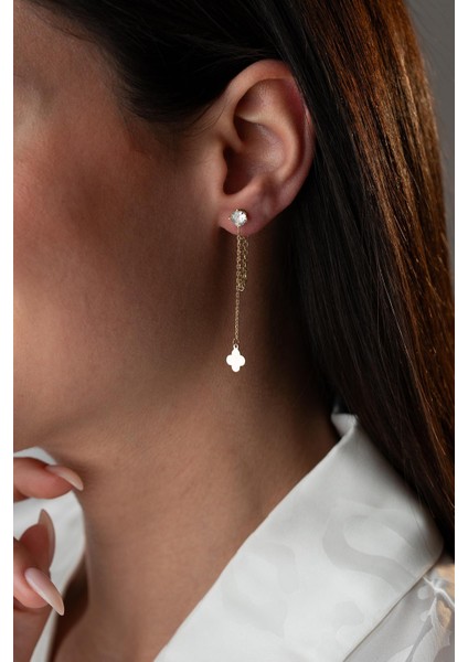 925 Ayar Gümüş Gold Kaplama 5 mm Tektaş Sallantılı Zincir Sade Yonca Model Küpe