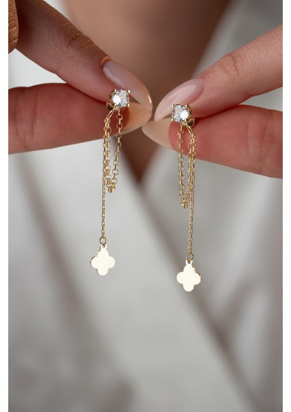 925 Ayar Gümüş Gold Kaplama 5 mm Tektaş Sallantılı Zincir Sade Yonca Model Küpe fiyatları