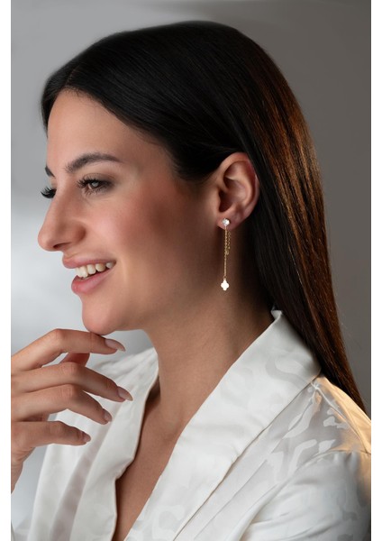 925 Ayar Gümüş Gold Kaplama 5 mm Tektaş Sallantılı Zincir Sade Yonca Model Küpe modelleri