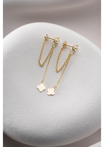 925 Ayar Gümüş Gold Kaplama 5 mm Tektaş Sallantılı Zincir Sade Yonca Model Küpe fırsatları