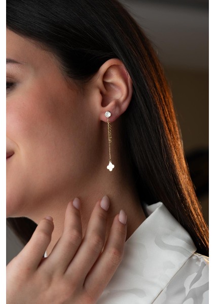 925 Ayar Gümüş Gold Kaplama 5 mm Tektaş Sallantılı Zincir Sade Yonca Model Küpe indirimleri