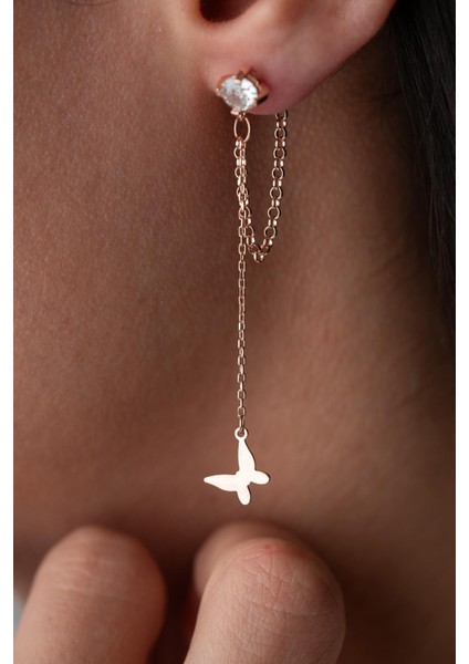 925 Ayar Gümüş Rose Kaplama 5 mm Tektaş Sallantılı Zincir Taşsız Kelebek Küpe