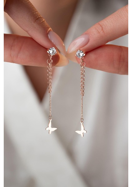 925 Ayar Gümüş Rose Kaplama 5 mm Tektaş Sallantılı Zincir Taşsız Kelebek Küpe fiyatları