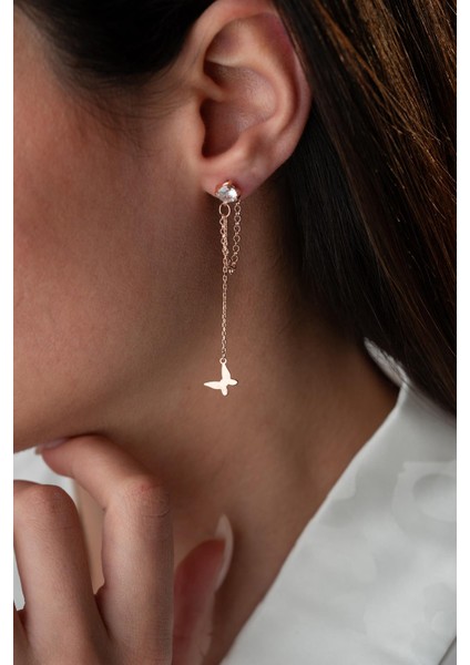 925 Ayar Gümüş Rose Kaplama 5 mm Tektaş Sallantılı Zincir Taşsız Kelebek Küpe modelleri