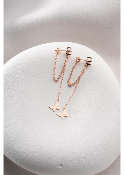 925 Ayar Gümüş Rose Kaplama 5 mm Tektaş Sallantılı Zincir Taşsız Kelebek Küpe fırsatları