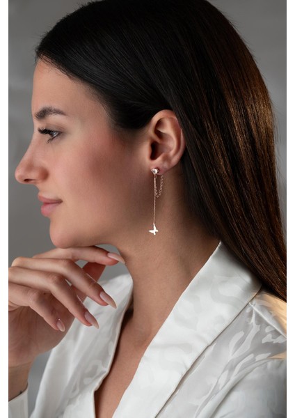 925 Ayar Gümüş Rose Kaplama 5 mm Tektaş Sallantılı Zincir Taşsız Kelebek Küpe indirimleri