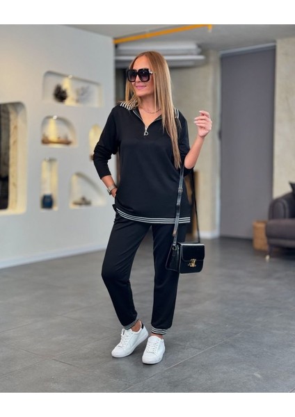 Fh Fashionhere Kadın Uzun Kollu Ribana ve Fermuar Detay Bluz ve Yüksel Bel Pantolon 2li Takım