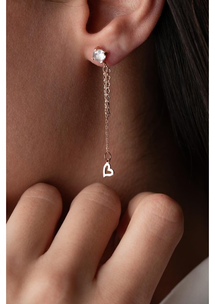 925 Ayar Gümüş Rose Kaplama 5 mm Tektaş Sallantılı Zincir Sade Taşsız Kalp Küpe