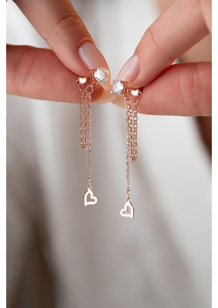 925 Ayar Gümüş Rose Kaplama 5 mm Tektaş Sallantılı Zincir Sade Taşsız Kalp Küpe fiyatları