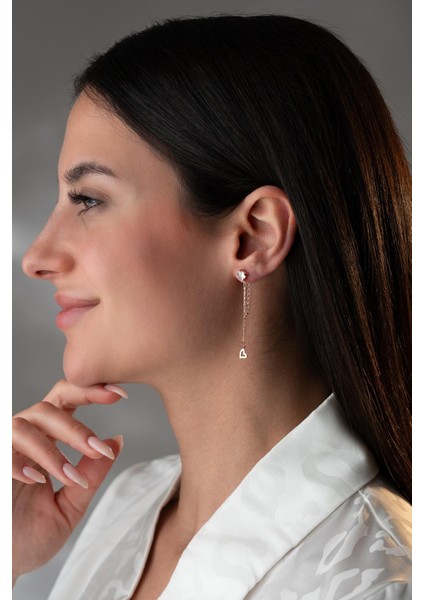 925 Ayar Gümüş Rose Kaplama 5 mm Tektaş Sallantılı Zincir Sade Taşsız Kalp Küpe modelleri