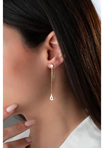 925 Ayar Gümüş Gold Kaplama 5 mm Tektaş Sallantılı Zincir Su Damlası Model Küpe