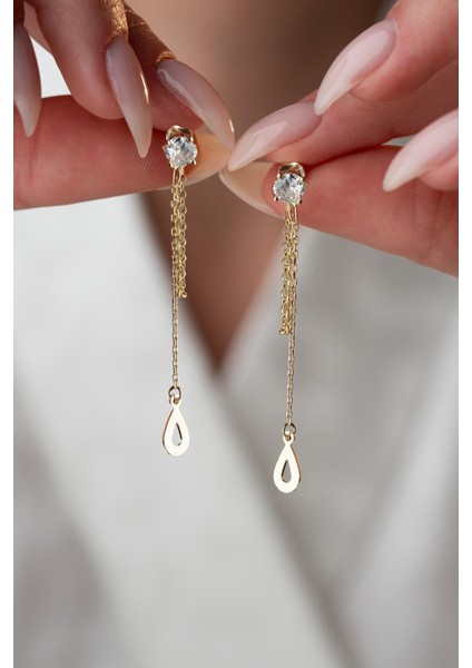 925 Ayar Gümüş Gold Kaplama 5 mm Tektaş Sallantılı Zincir Su Damlası Model Küpe fiyatları