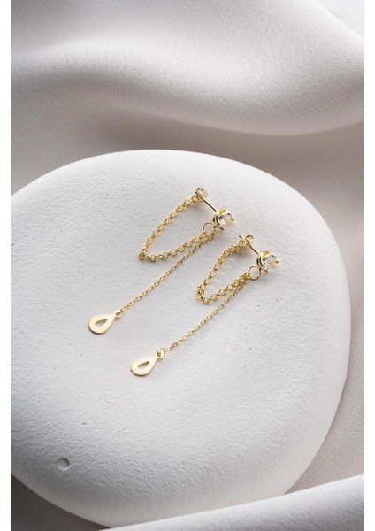 925 Ayar Gümüş Gold Kaplama 5 mm Tektaş Sallantılı Zincir Su Damlası Model Küpe modelleri