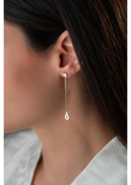 925 Ayar Gümüş Gold Kaplama 5 mm Tektaş Sallantılı Zincir Su Damlası Model Küpe fırsatları