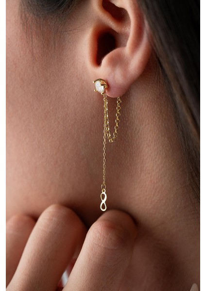 925 Ayar Gümüş Gold Kaplama 5 mm Tektaş Sallantılı Zincir Sonsuzluk Model Küpe