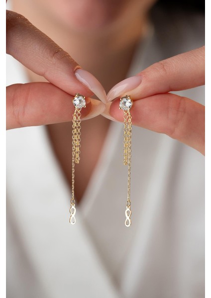 925 Ayar Gümüş Gold Kaplama 5 mm Tektaş Sallantılı Zincir Sonsuzluk Model Küpe fiyatları