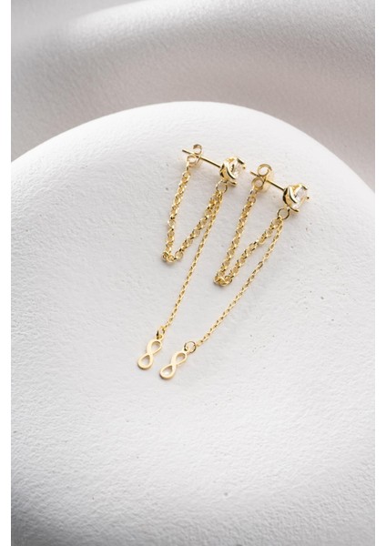 925 Ayar Gümüş Gold Kaplama 5 mm Tektaş Sallantılı Zincir Sonsuzluk Model Küpe modelleri