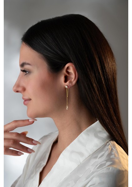 925 Ayar Gümüş Gold Kaplama 5 mm Tektaş Sallantılı Zincir Sonsuzluk Model Küpe fırsatları