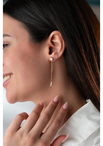 925 Ayar Gümüş Gold Kaplama 5 mm Tektaş Sallantılı Zincir Sonsuzluk Model Küpe indirimleri