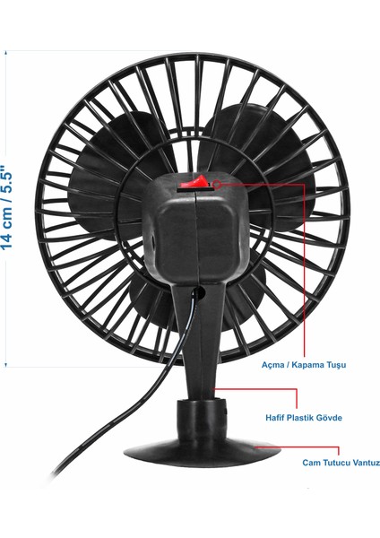Araç Içi 12V Vantuzlu 5.5" 14 cm Mini Fan Vantilatör Pervane Çakmaklık Girişli Tüm Araçlarla Uyumlu modelleri
