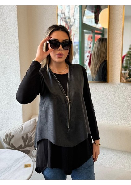 Fh Fashionhere Kadın Uzun Kol Asimetrik Kesim Viskon Bluz ve Çatlak Deri Görünümlü Fermuar Detaylı Yelek Ikili Takım fiyatları