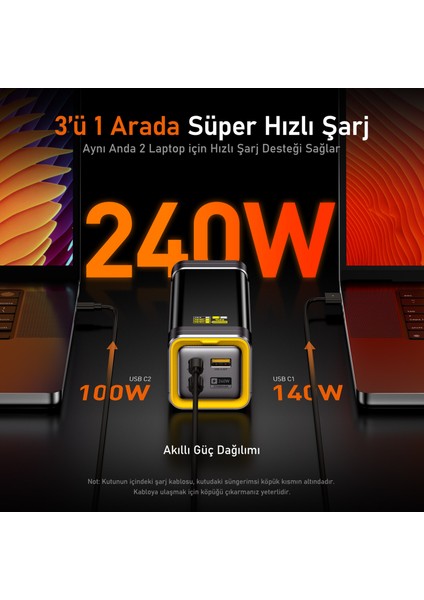 Starship 27.600 Mah 240W Pd3.1 Powerbank, Akıllı Dijital Göstergeli 2si1 Arada Taşınabilir Hızlı Şarj Cihazı, Şarj Istasyonu, Siyah