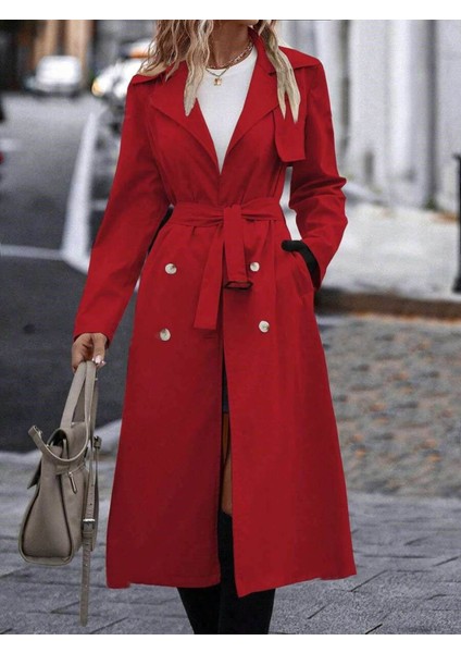 Fh Fashionhere Kadın Uzun Kollu Yakalı Önden Düğmeli Beli Kuşaklı Midi Gabardin Trençkot