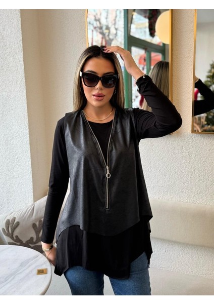 Fh Fashionhere Kadın Uzun Kol Asimetrik Kesim Viskon Bluz ve Çatlak Deri Görünümlü Fermuar Detaylı Yelek Ikili Takım indirimleri
