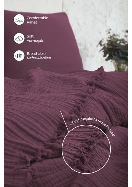 %100 Pamuk Müslin Yatak Örtüsü Battal Boy Çift Kişilik 4 Katlı Müslin Pike Takımı 3 Parça Mor