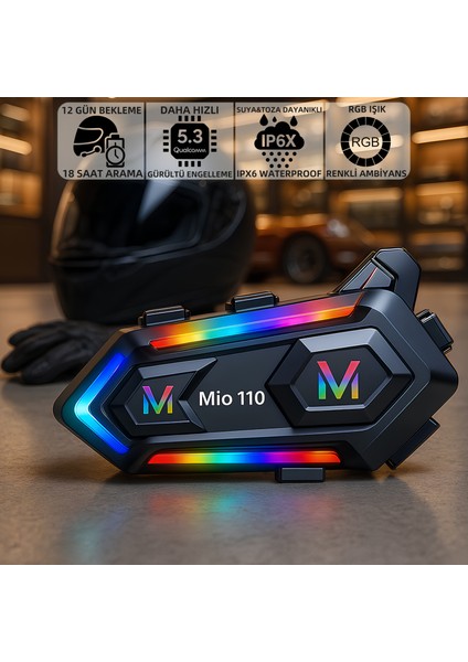 Mio 110 RGB 1000mAh IPX6 Kask Intercom Motosiklet Bluetooth Kulaklık