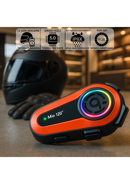 Mio 120 2x RGB 1000mAh IPX6 1500m 2 Kişilik Kask Intercom Motosiklet Bluetooth Kulaklık