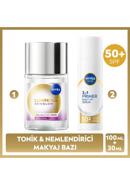 Sun SPF50 Primer Nemlendirici Makyaj Bazı 30ML ve LUMINOUS630 Skin Glow Peeling Etkili Tonik 100ML