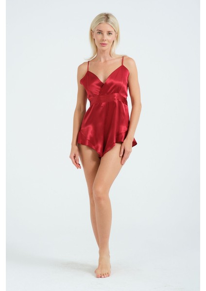 Kadın Kırmızı Saten Tulum Fırfır ve Lastik Detaylı, Askılı, Şık Ev Giyim ve Gece Stili