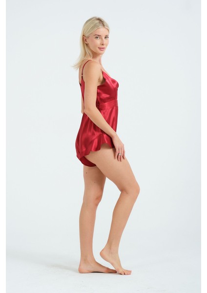 Kadın Kırmızı Saten Tulum Fırfır ve Lastik Detaylı, Askılı, Şık Ev Giyim ve Gece Stili fırsatları