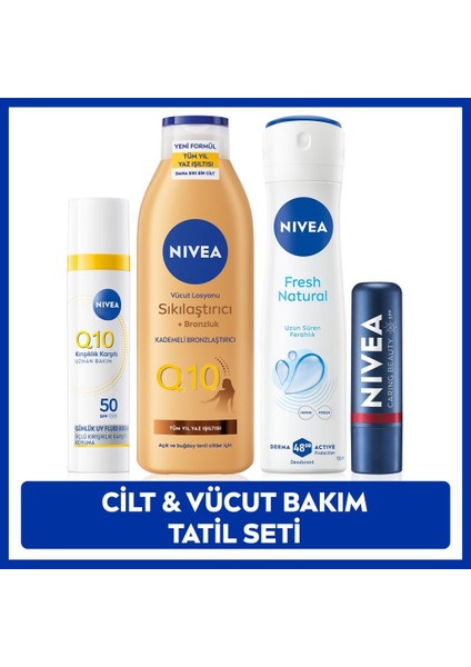 Q10 SPF50 Gündüz Yüz Krem 40ML, Bronzluk Losyon 250ML,KIRMIZI Dudak Kremi ve Deodorant
