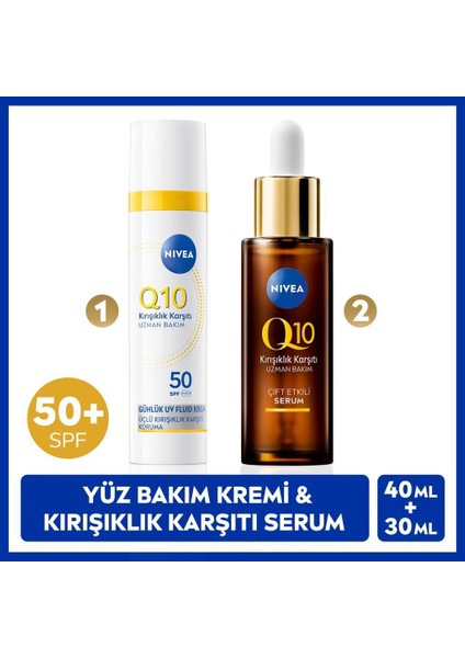 Q10 SPF50 Güneş Koruyucu Yüz Bakım Kremi 40ML ve Karşıtı Çift Etkili Cilt Serumu 30ML