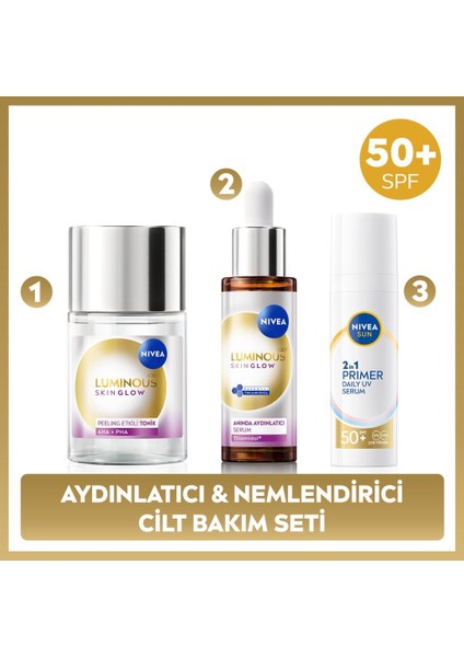 Sun SPF50 Primer Nemlendirici Makyaj Bazı 30ML, LUMINOUS630 Skin Glow Cilt Serum 30ML ve Tonik 100ML