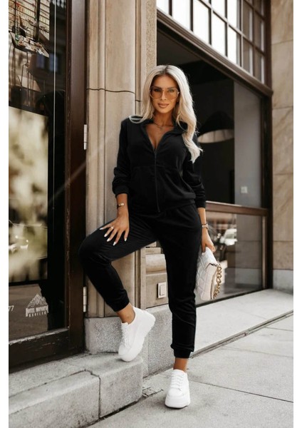 Fh Fashionhere Kadın Uzun Kollu Önden Cepli Fermuarlı Kadife Bluz ve Pantolon Ikili Takım
