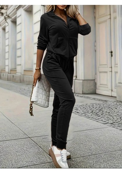 Fh Fashionhere Kadın Uzun Kollu Önden Cepli Fermuarlı Kadife Bluz ve Pantolon Ikili Takım modelleri