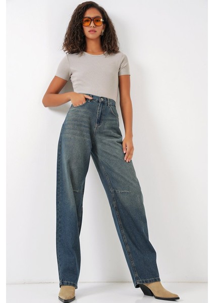 6689 Yüksek Bel Baggy Kot Pantolon - Indigo fırsatları