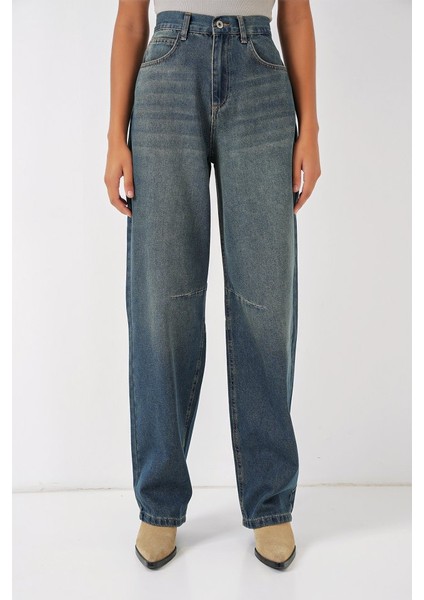 6689 Yüksek Bel Baggy Kot Pantolon - Indigo indirimleri