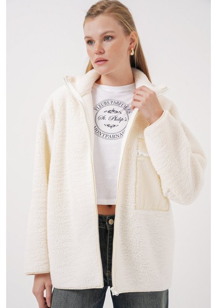 55446 Fermuarlı Oversize Peluş Mont - Bej fırsatları
