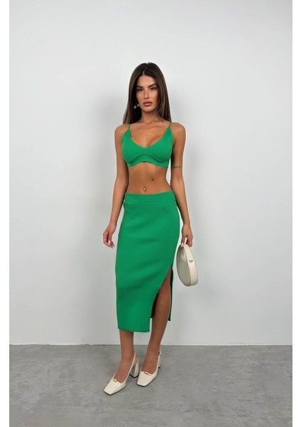 Fh Fashionhere Crop Büstiyer Yırtmaçlı Etek Takım indirimleri