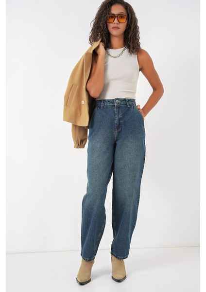 6688 Yüksek Bel Baggy Kot Pantolon - Indigo modelleri