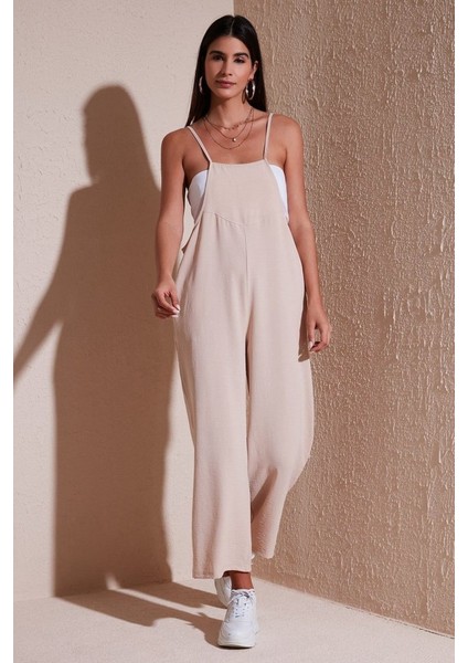 Fh Fashionhere 7019 Askılı Bahçivan Tulum - Krem