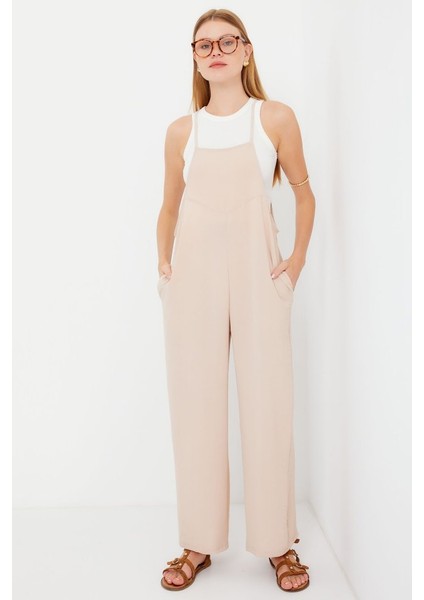 Fh Fashionhere 7019 Askılı Bahçivan Tulum - Krem