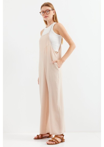 Fh Fashionhere 7019 Askılı Bahçivan Tulum - Krem