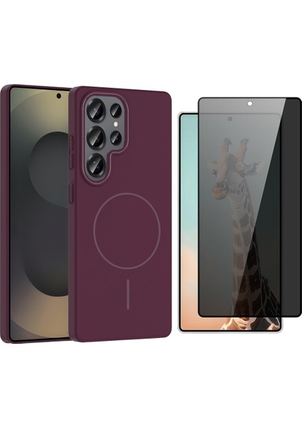 Galaxy S24 Ultra Kılıf M-Safe Şarj Özellikli Zore Ruby Sert Kapak + Parmaz Izi Okumalı Hayalet Ekran Koruyucu