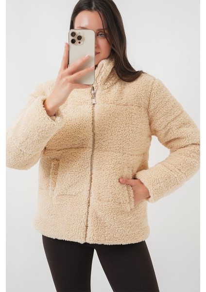 5178 Astarlı Peluş Mont - Krem fiyatları